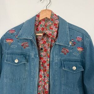 Vintage Passion‎ I Embroidered Denim Jean Jacket Hot Air Balloons Zip Up Size S